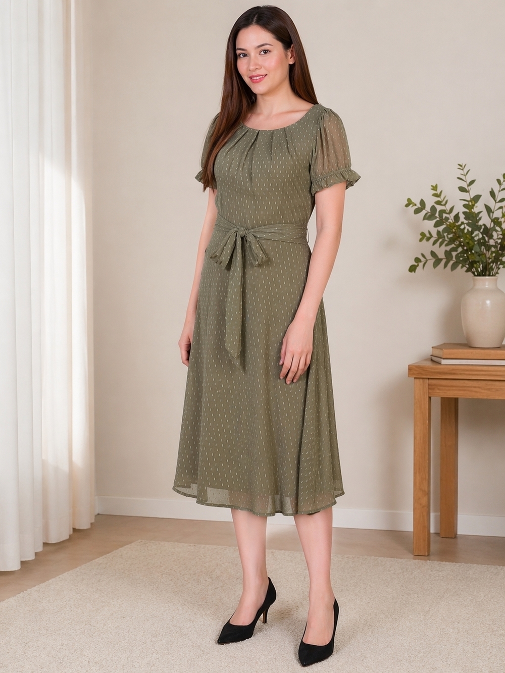 NY Collection  Olive Short-Sleeve Tie-Waist Midi Dress Belted Swiss Dot Size XL